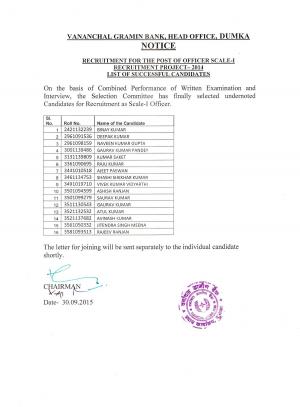 Vananchal Gramin Bank Officer and Office Assistant Posts 2015: Final Result