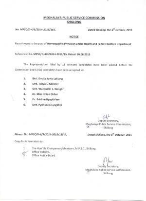 MPSC, Shillong declared result for the Homeopathic Physician Post 2015