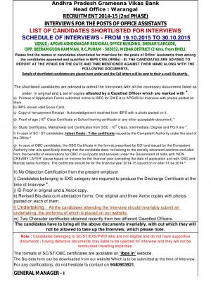 APGVB Declared Interview Schedule for Office Assistant Posts 2015