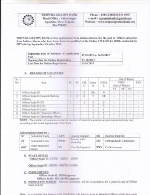 Tripura Gramin Bank Recruitment 2015 for 38 Officer Scale-II & III Posts