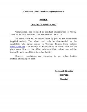 SSC (WR) CHSL 2015: Admit Card