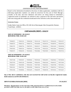 Indian Bank Chief Manager Post 2015 Interview Schedule