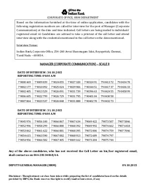 Indian Bank Manager Post 2015: Interview Schedule
