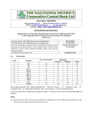 Nalgonda DCCB Recruitment 2015 for 74 Staff Assistant Clerk Posts