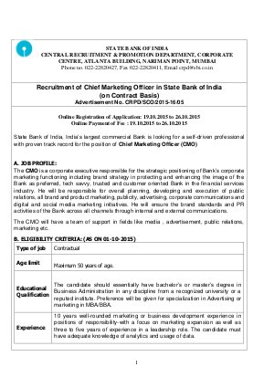 SBI Recruitment 2015 for Chief Marketing Officer Post