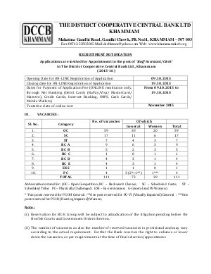 DCCB Khammam Recruitment 2015 for 64 Staff Assistant/Clerk Posts