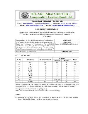 DCCB Adilabad Recruitment 2015 for 82 Staff Assistant/Clerk Posts