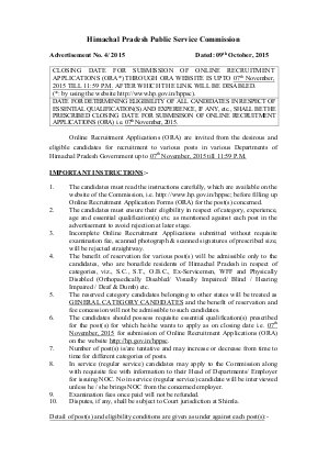 A;HPPSC Recruitment 2015 for 135 Various Posts 2015  HN