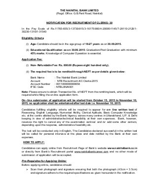 Nainital Bank Ltd Recruitment 2015 for 30 Clerk Posts