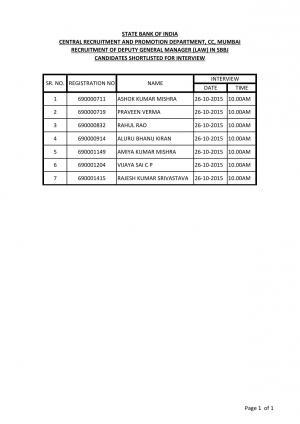 SBI Deputy General Manager Law Post 2015 Interview Schedule