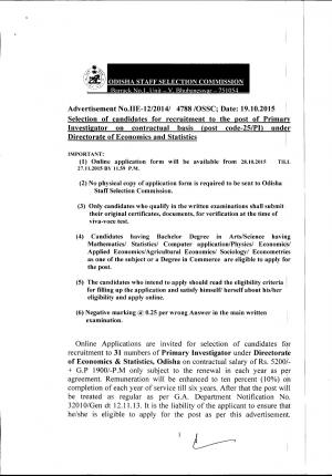 OSSC Recruitment 2015 for 31 Primary Investigator Posts 