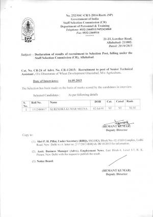 SSCCR Sr. Technical Assistant Post 2015: Final Result