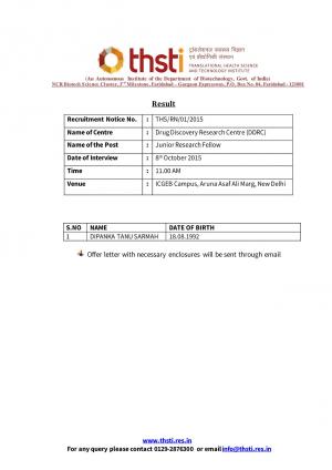 THSTI Junior Research Fellow Post 2015: Final Result