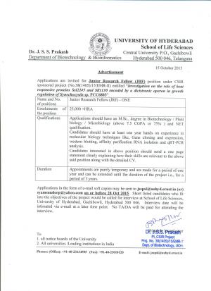 University of Hyderabad Recruitment 2015 for JRF Post