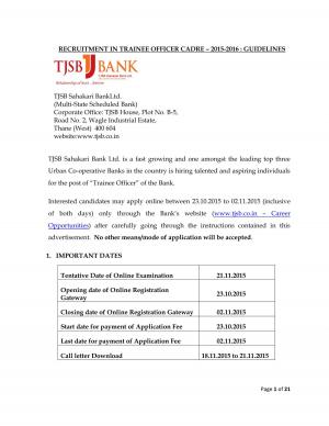 TJSB Sahakari Bank Ltd Recruitment 2015 for Trainee Officer Posts
