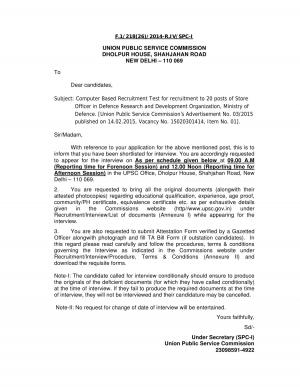 UPSC Declared Interview Schedule for Store Officer Post in DRDO