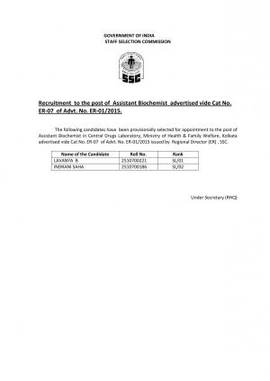 SSC Declared Interview Results of Assistant Biochemist & Other Posts 2015