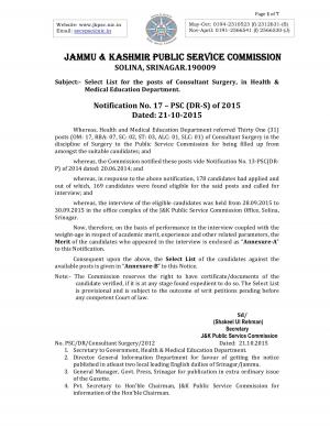 JKPSC announced Interview List for Consultant Surgery Post 2015
