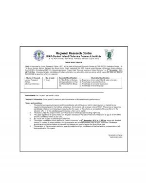 ICAR-Central Inland Fisheries Research Institute Recruitment 2015 for JRF Post 