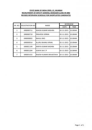 SBI Deputy General Manager (Law) Post 2015: Revised Interview Schedule