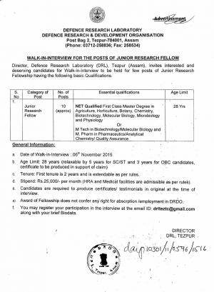 Defence Research Laboratory Recruitment 2015 for 10 JRF Posts