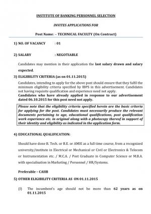 IBPS Recruitment 2015 for Technical Faculty Post