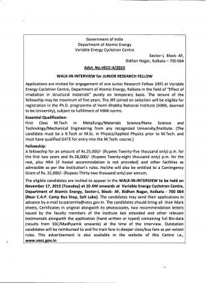 VECC Recruitment 2015 for JRF Post 