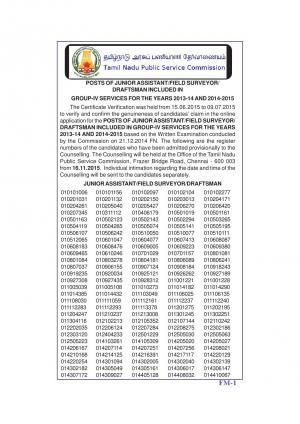 TNPSC Issued Counselling Schedule for Jr. Assistant/Field Surveyor/ Draftsman Posts 2015 