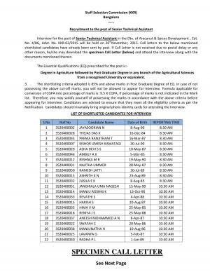 SSCKKR Issued Interview Schedule for Senior Technical Assistant Post 2015 