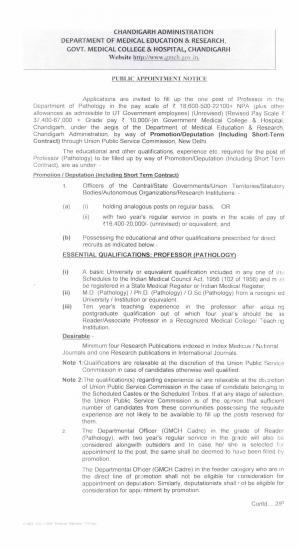 GMCH, Chandigarh Recruitment 2015 for Professor (Pathology) Post