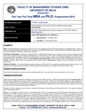 Faculty of Management Studies Notified Admission for MBA and Ph.D. Programme 2016
