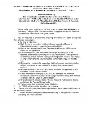 RIMSNR Issued Interview Schedule for Faculty Posts 2015 