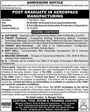 MSME Notified Admission for Post Graduate in Aerospace Manufacturing 2015