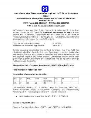 UCO Bank Recruitment 2015 for 100 Chartered Accountant in MMGS II Post 