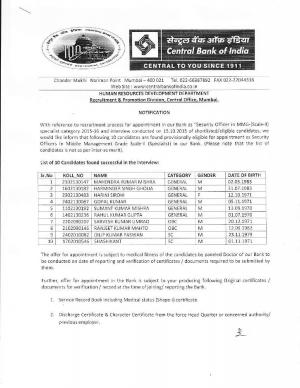 Central Bank of India Security Officer Post 2015: Interview Result