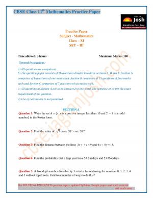 CBSE Class 11th Mathematics Practice Paper Set-III