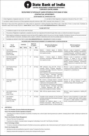SBI Recruitment 2015 for 08 Specialist Cadre Officer Posts