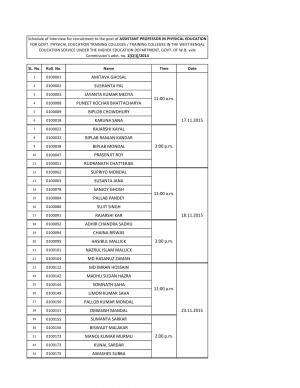 WBPSC Declared Interview Schedule for Asst Professor (Physical Education) Post 2015