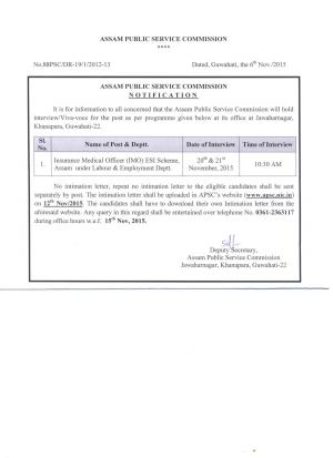 APSC Recruitment 2015 for Insurance Medical Officer (IMO) ESI scheme Post 
