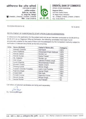 Oriental Bank of Commerce, Dehradun Announced Interview Result for Peon –cum- Housekeeper  Post 2015