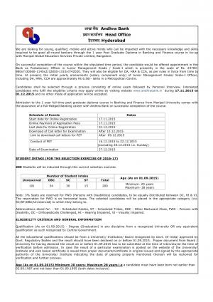 Andhra Bank recruitment 2015 for 200 Posts of Probationary Officer