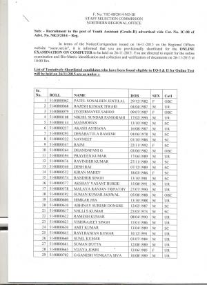 SSCNR Youth Assistant Post 2015: Online Examination and Document Verification Schedule