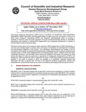 CSIR recruitment 2015 for SRF & RA Posts