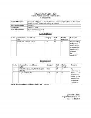 UPSC declared result for Deputy Director (Technical) Post 2015