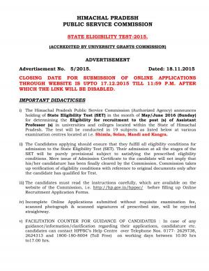 HPPSC State Eligibility Test 2015: Notification