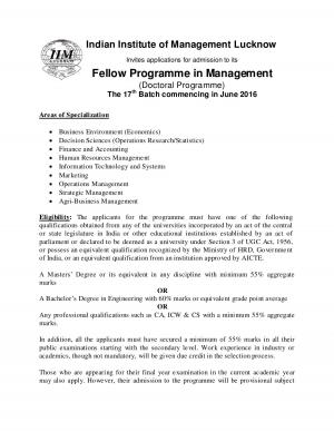 IIM Lucknow Notified Admission for Fellow Programme in Management Course 2016