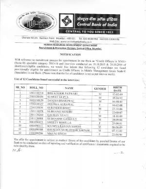 Central Bank of India Declared Interview Result for Credit Officer Post 2015