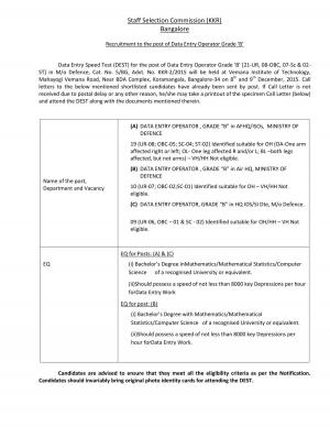 SSC-KKR Issued DEST Schedule for Data Entry Operator Post 2015