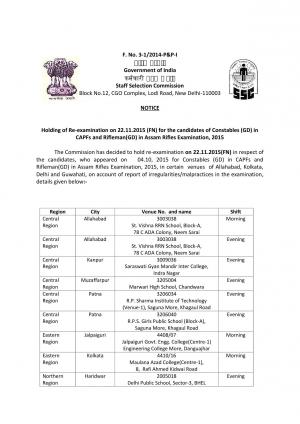 SSC Constables (GD) in CAPFs and Rifleman (GD) in Assam Rifles Examination 2015 Re-Exam Schedule