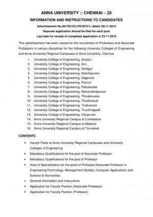 Anna University, Chennai Recruitment 2015 for 280 Teaching Posts